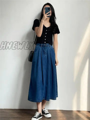 Hnewly New Spring Summer Denim Skirts Women Casual High Waist A-Line Lady Loose Vintage Dark Blue