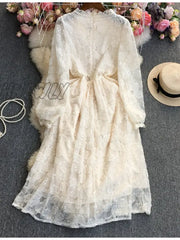 Hnewly New Spring Summer Women Elegant Embroidery Lace Long Dress Lady Fashion Slim High Waist