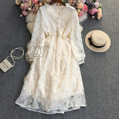 Hnewly New Spring Summer Women Elegant Embroidery Lace Long Dress Lady Fashion Slim High Waist