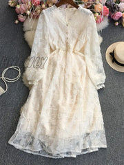 Hnewly New Spring Summer Women Elegant Embroidery Lace Long Dress Lady Fashion Slim High Waist