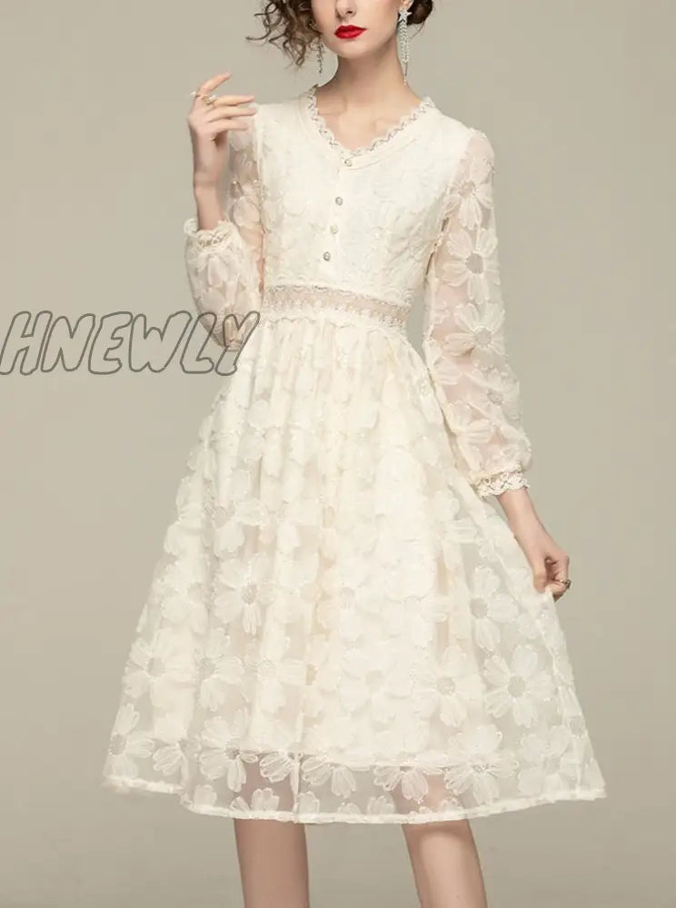 Hnewly New Spring Summer Women Elegant Embroidery Lace Long Dress Lady Fashion Slim High Waist