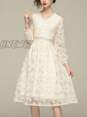 Hnewly New Spring Summer Women Elegant Embroidery Lace Long Dress Lady Fashion Slim High Waist