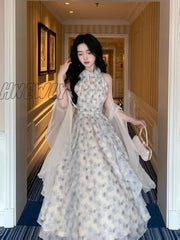 Hnewly New Strapless Sleeveless White Chiffon Long Dress Women French Retro Fairy Tale Princess