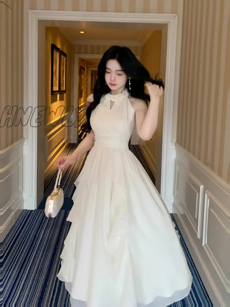 New Strapless Sleeveless White Chiffon Long Dress Women French Retro Fairy Tale Princess Dress Elegant Ruffled Fluffy Dress