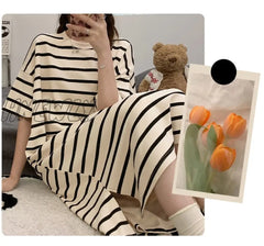 Hnewly New Summer Sleepwear Nightgowns Women Striped Nightdress Ladies Sweet Cute Nightshirt Loose