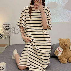 Hnewly New Summer Sleepwear Nightgowns Women Striped Nightdress Ladies Sweet Cute Nightshirt Loose