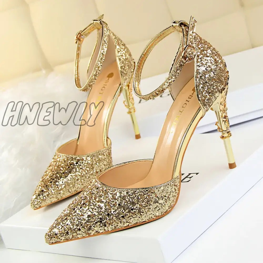 Hnewly New Summer Women 7.5Cm 9.5Cm High Heels Bling Sandals Lady Wedding Bridal Low Gold Silver