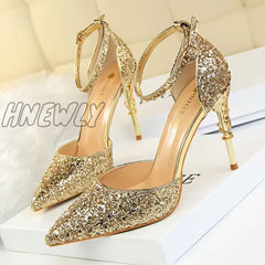 Hnewly New Summer Women 7.5Cm 9.5Cm High Heels Bling Sandals Lady Wedding Bridal Low Gold Silver