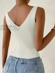 Hnewly New Summer Women Drawstring Front Ribbed Knit Tops Femme Sexy V Neck Sleeveless Crop Top