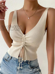 Hnewly New Summer Women Drawstring Front Ribbed Knit Tops Femme Sexy V Neck Sleeveless Crop Top