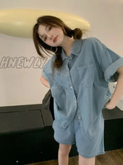 Hnewly New Summer Women Fashion Loose Denim Suits Single Breasted Shirts Tops + Elastic Waist Wide