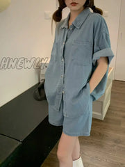 Hnewly New Summer Women Fashion Loose Denim Suits Single Breasted Shirts Tops + Elastic Waist Wide