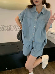Hnewly New Summer Women Fashion Loose Denim Suits Single Breasted Shirts Tops + Elastic Waist Wide
