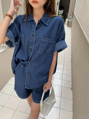 Hnewly New Summer Women Fashion Loose Denim Suits Single Breasted Shirts Tops + Elastic Waist Wide