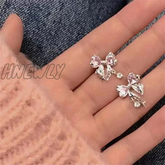 Hnewly New Sweet Bow Earrings Shiny Zircon Inlaid Stud Personality Trendy For Women Party Jewelry