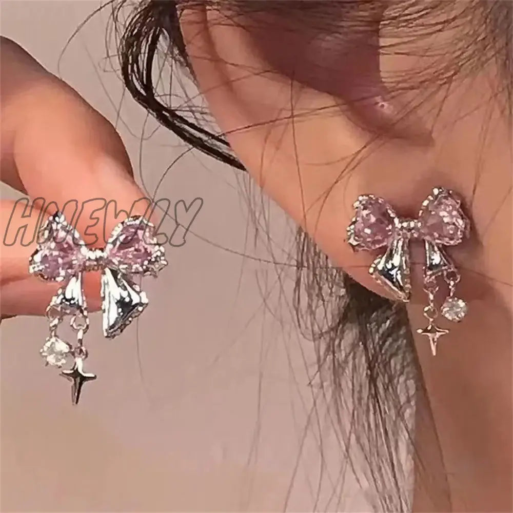 Hnewly New Sweet Bow Earrings Shiny Zircon Inlaid Stud Personality Trendy For Women Party Jewelry