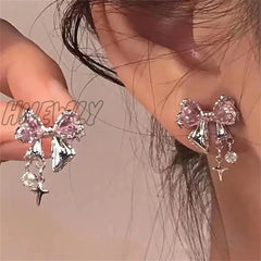 Hnewly New Sweet Bow Earrings Shiny Zircon Inlaid Stud Personality Trendy For Women Party Jewelry