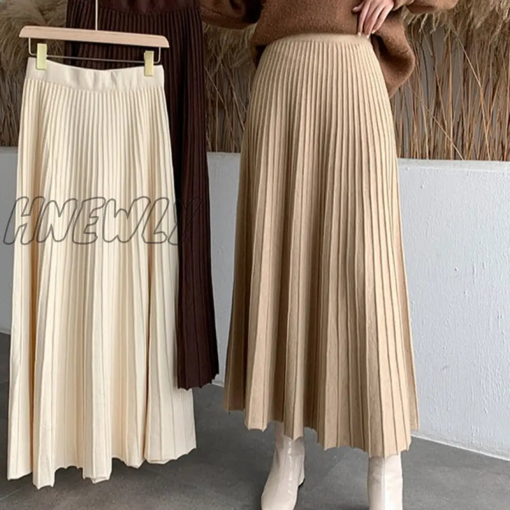 Hnewly New Thicken Women’s Knitted A-Line Skirt Elegant Autumn Winter Solid Color High Waist Warm