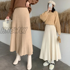Hnewly New Thicken Women’s Knitted A-Line Skirt Elegant Autumn Winter Solid Color High Waist Warm