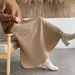 Hnewly New Thicken Women’s Knitted A-Line Skirt Elegant Autumn Winter Solid Color High Waist Warm
