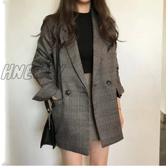 Hnewly New Winter Spring Women’s Blazers Plaid Double Breasted Pockets Formal Jackets Checkered