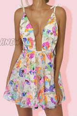 Hnewly New Women Backless Elegant Dress Sleeveless Deep V Neck High-Waist Sequined Casual Street