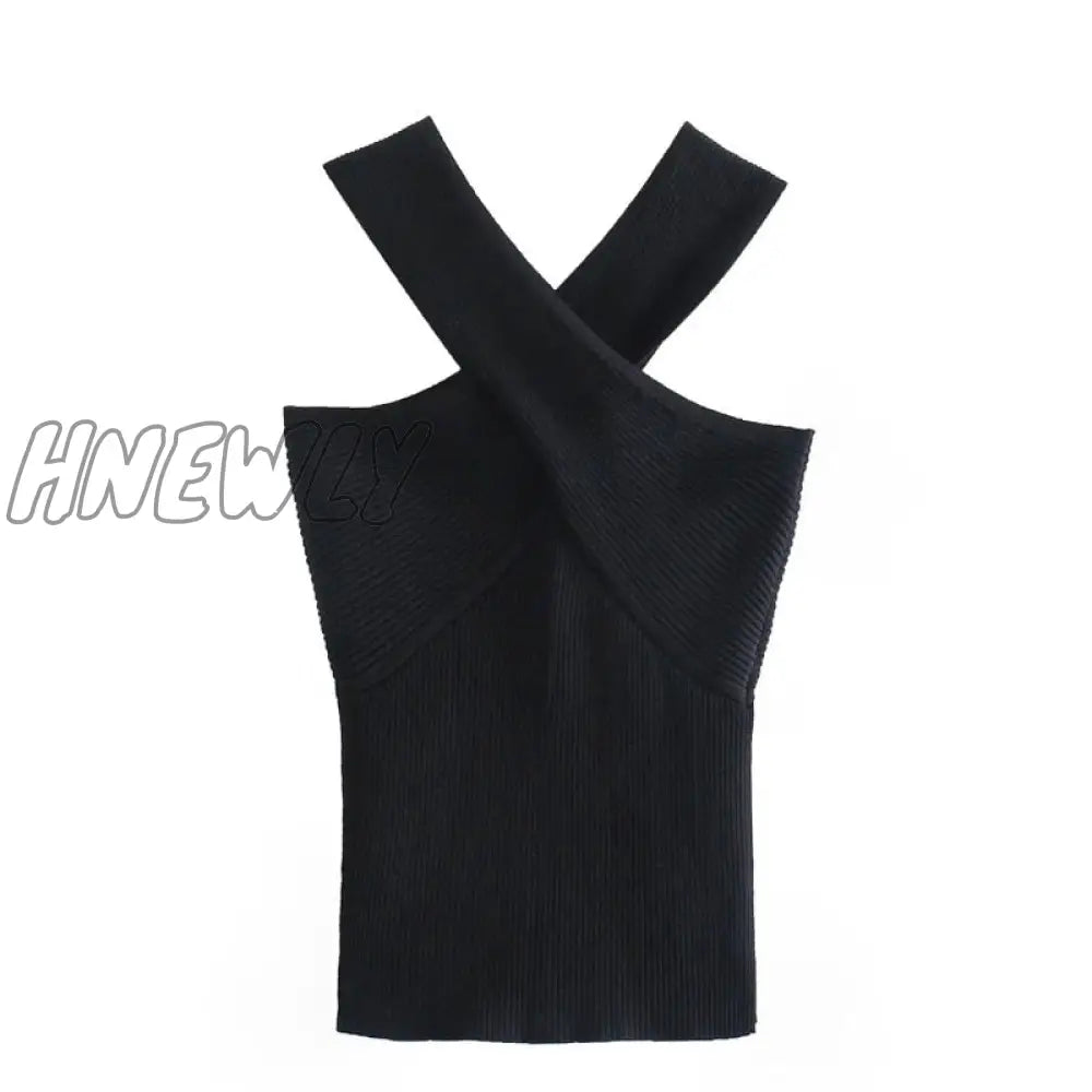 Hnewly New Women Chic Sexy Cross Strap Black Knitting Camis Tank High Street Ladies Summer Slim