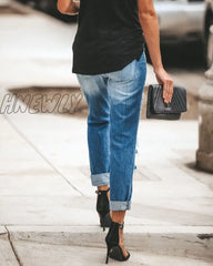 Hnewly New Women Fashion Mid Waist Boyfriend Big Ripped Hole Jeans Casual High Street Denim Pants