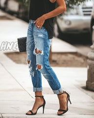 Hnewly New Women Fashion Mid Waist Boyfriend Big Ripped Hole Jeans Casual High Street Denim Pants