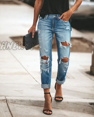 Hnewly New Women Fashion Mid Waist Boyfriend Big Ripped Hole Jeans Casual High Street Denim Pants