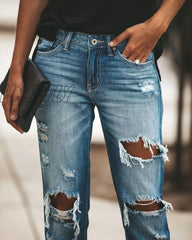 Hnewly New Women Fashion Mid Waist Boyfriend Big Ripped Hole Jeans Casual High Street Denim Pants