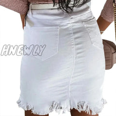 Hnewly New Women Hole Denim Skirt Single-Breasted Brushed Decoration Irregular Hem Summer Clothing