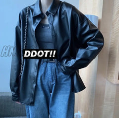 Hnewly New Women Oversized Pu Leather Blouses Spring Autumn Black Faux Leather Basic Coat Turn -
