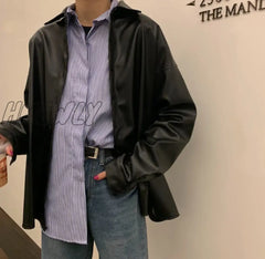 Hnewly New Women Oversized Pu Leather Blouses Spring Autumn Black Faux Leather Basic Coat Turn -