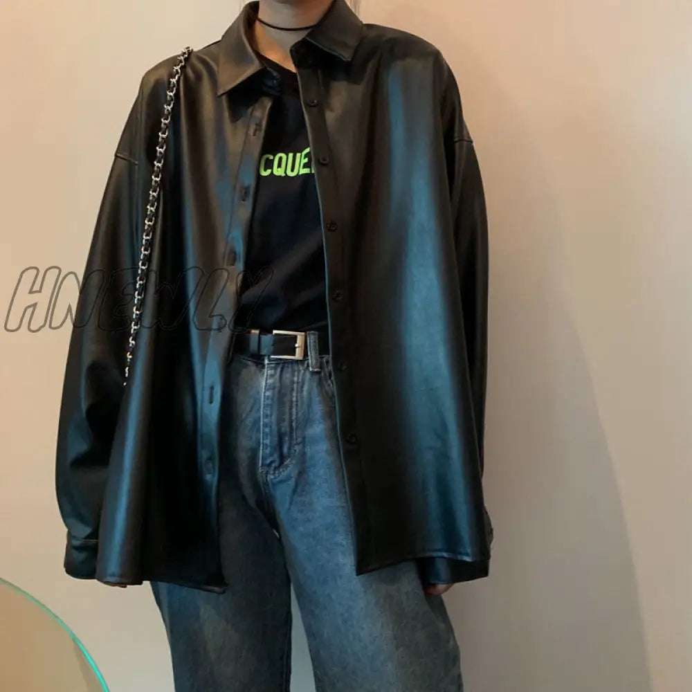 Hnewly New Women Oversized Pu Leather Blouses Spring Autumn Black Faux Leather Basic Coat Turn -