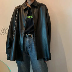 Hnewly New Women Oversized Pu Leather Blouses Spring Autumn Black Faux Leather Basic Coat Turn -