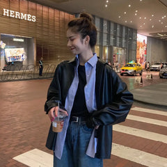 Hnewly New Women Oversized Pu Leather Blouses Spring Autumn Black Faux Leather Basic Coat Turn -