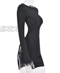 Hnewly New Women Sexy Party Dress Backless Cutout Y2K Mini Pack Hip Side Slit Long Sleeve Black