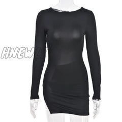 Hnewly New Women Sexy Party Dress Backless Cutout Y2K Mini Pack Hip Side Slit Long Sleeve Black