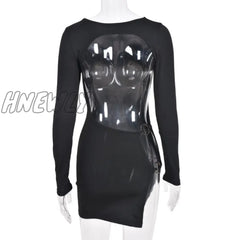 Hnewly New Women Sexy Party Dress Backless Cutout Y2K Mini Pack Hip Side Slit Long Sleeve Black