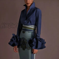 Hnewly New Women Shirts Spring Summer Sexy Turn - Down Collar Flare Sleeve Party Tops Office Shirt