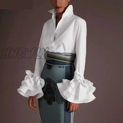 Hnewly New Women Shirts Spring Summer Sexy Turn - Down Collar Flare Sleeve Party Tops Office Shirt