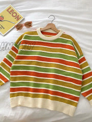 Hnewly New Women Stripe Sweater Autumn Winter Loose Long Sleeve Pullover Tops Korean Ladies Knitted