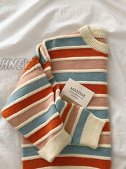Hnewly New Women Stripe Sweater Autumn Winter Loose Long Sleeve Pullover Tops Korean Ladies Knitted