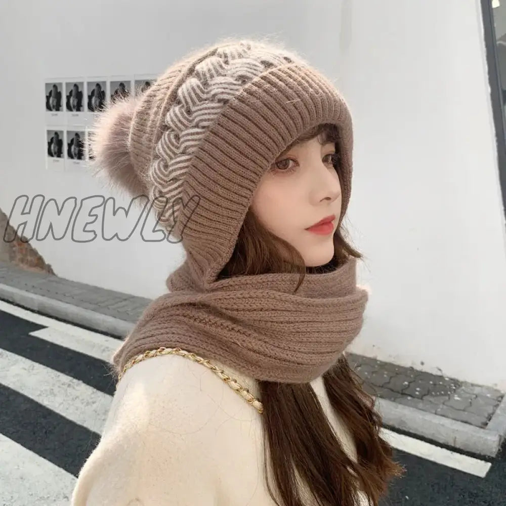 Hnewly New Women Winter Warm Beanies Hat Scarf Set Breathable Rabbit Hair Blend Knitted For Warm