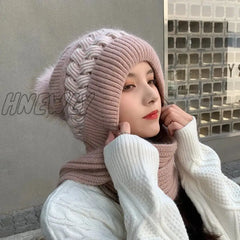Hnewly New Women Winter Warm Beanies Hat Scarf Set Breathable Rabbit Hair Blend Knitted For Warm