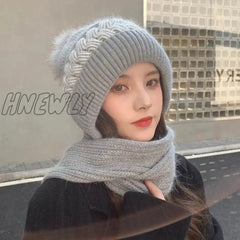 Hnewly New Women Winter Warm Beanies Hat Scarf Set Breathable Rabbit Hair Blend Knitted For Warm