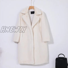 Hnewly New Women Winter Warm Faux Fur Coat Thick Long Turn Down Collar With Belt Casaco Feminino