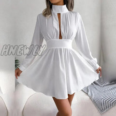 Hnewly New Women’s Autumn Winter Sexy Hollow Out Solid Color High Waist Large Swing Dress For