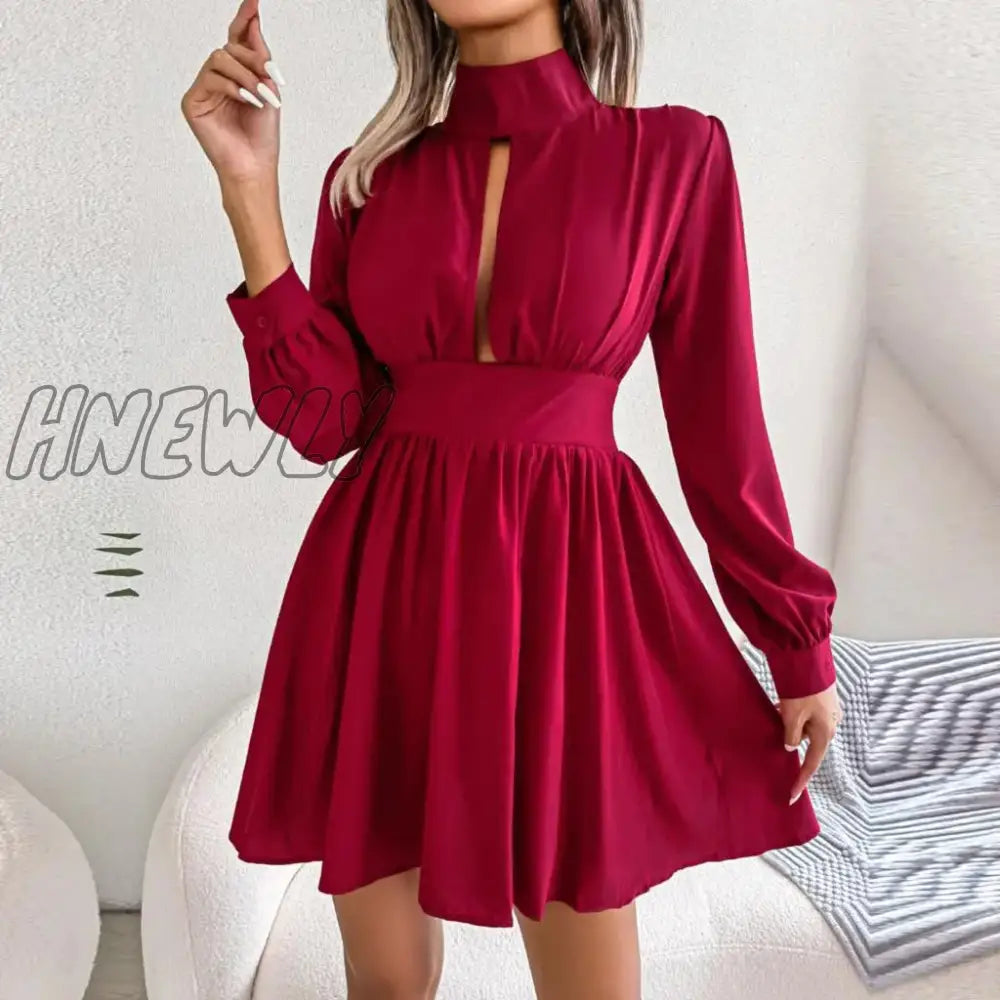 Hnewly New Women’s Autumn Winter Sexy Hollow Out Solid Color High Waist Large Swing Dress For